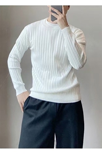 纯色轻熟风圆领竖条纹提花针织打底衫套头毛衣66660/P50图片