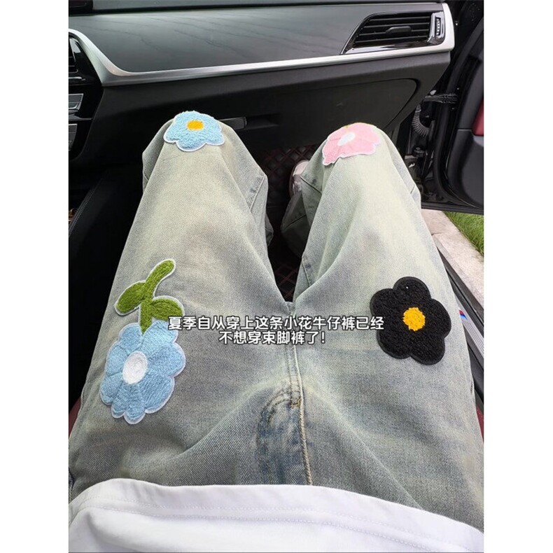 美式高街花朵刺绣微喇牛仔裤宽松直筒休闲水洗设计感长裤NKK10P55,男装牛仔裤,电商D256