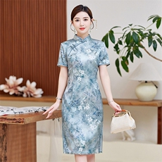 高级感杭州真丝长裙复古印花连衣裙女春夏日常专柜品质潮流桑蚕丝，女装汉服/婚纱/旗袍/礼服，小荷流