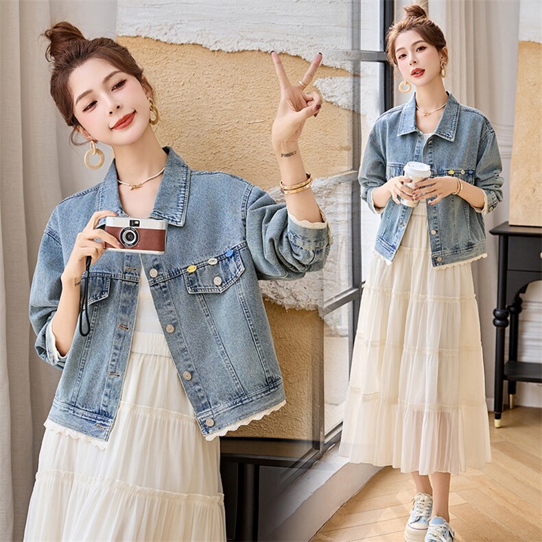 蕾丝拼接牛仔外套女短款2025春季新款时尚气质翻上衣，女装牛仔外套，2B115