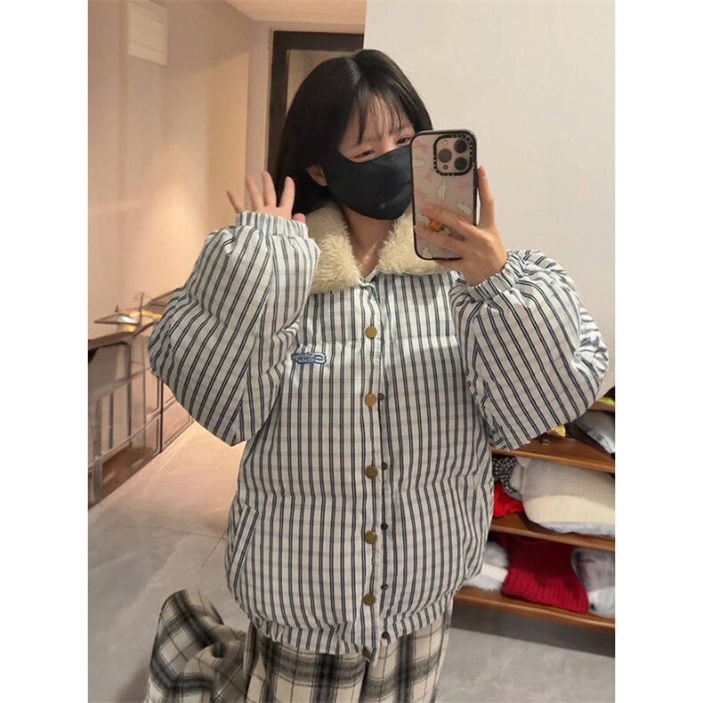 韩版复古条纹翻领棉服外套女学生冬季美式加厚简约保暖面包服棉衣图片