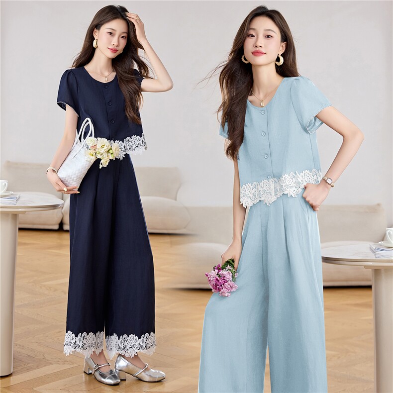 深蓝色蕾丝拼接衬衫套装女2025年夏季新款设计感休闲阔腿裤两件套，女装套装/套裙，贵人树