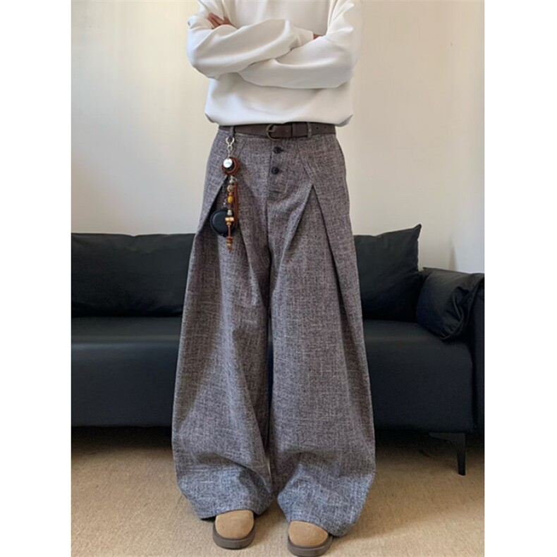 排扣打褶阔腿西裤秋季宽松垂感松弛拖地直筒裤子 XB011图片
