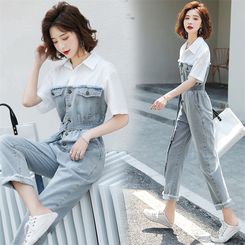 2026夏装新款时尚休闲高腰衬衫牛仔拼接连体裤长裤（配腰带），女装连体裤，印象茜