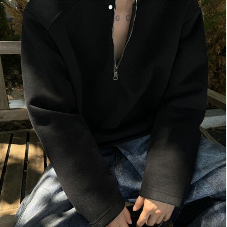 半拉链解构小众设计感花灰色垫肩卫衣男秋季cleanfit重磅长袖T恤,男装卫衣,星座506A