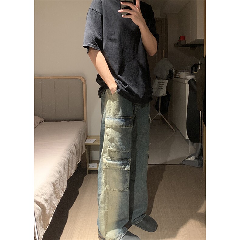 B221美式ins高街重工艺宽松做旧工装牛仔裤子LK23143-P80控108,男装牛仔裤,电商B221