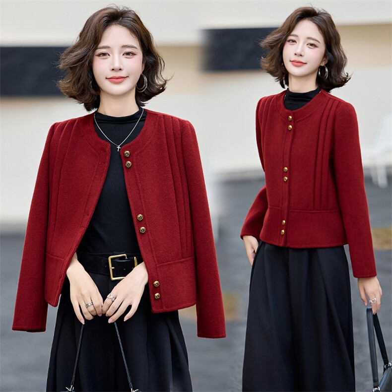 红色小香风双面羊绒大衣女高级感2025新款春季短款西装毛呢外套，女装双面呢大衣，美沁