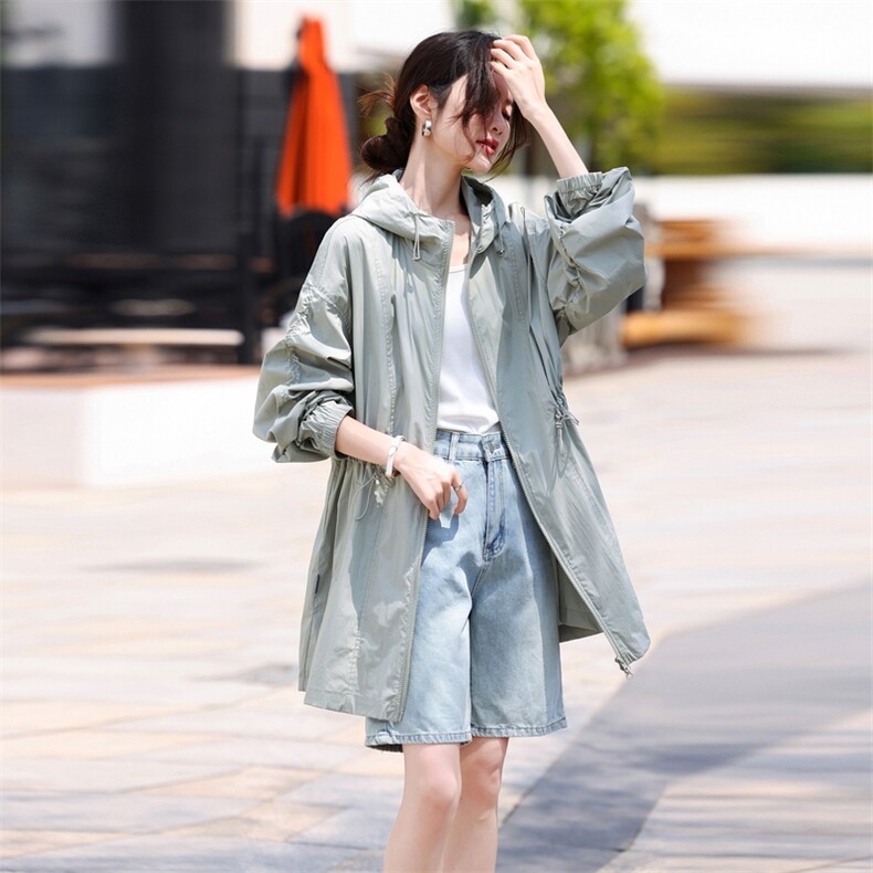 有防晒报告】防紫外线连帽防晒衣女中长款夏款轻薄透气抽绳防晒服,女装防晒衣,鑫源服饰