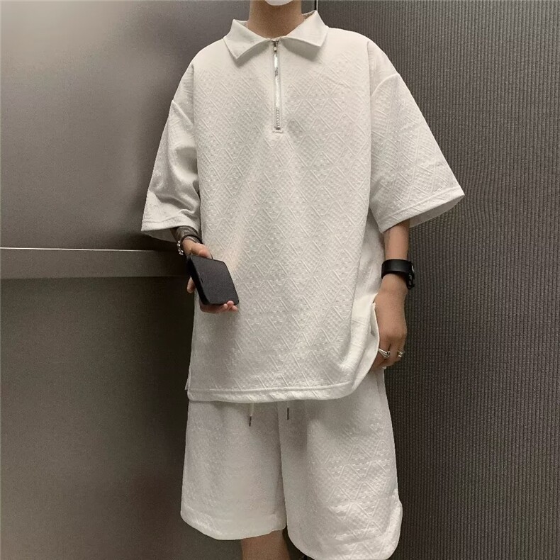 简约半拉链polo领t恤短裤两件套夏季男女纹理休闲套装W4867-P49,男装休闲套装,星座412-3