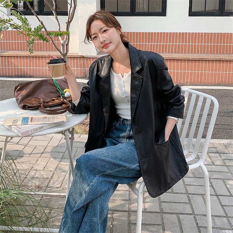 黑色西装外套女2025春季新款设计感小众休闲时尚百搭韩版西服潮,女装皮衣,1C083