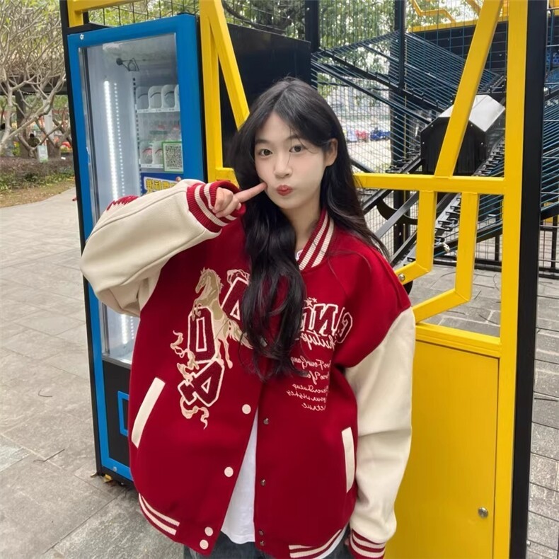 美式高街重工刺绣马年夹克棒球服女2026夹棉加厚宽松情侣红色外套,男装夹克,星座715-4