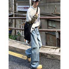 浅蓝牛仔美式复古微喇水洗牛仔裤ins潮流宽松阔腿牛仔裤NKK03P50，男装牛仔裤，电商D256A(原A064A)