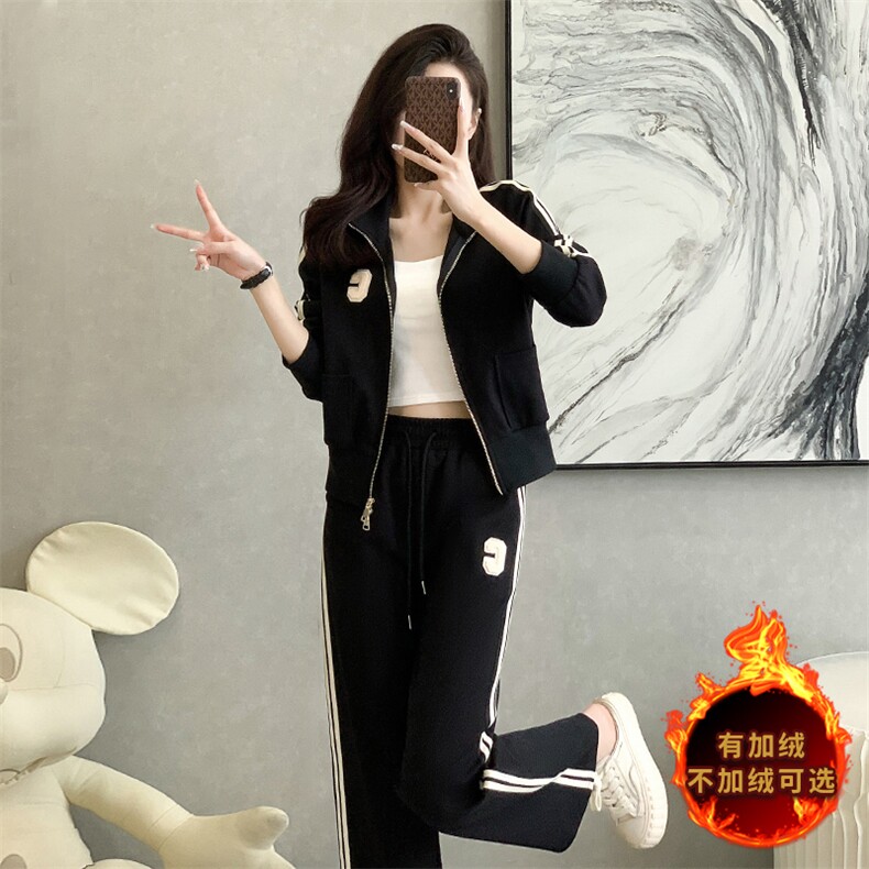时尚拼接条纹开衫卫衣+阔腿长裤两件套潮流显瘦休闲套装,女装套装/套裙,江南