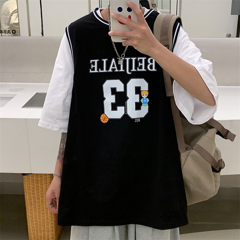 男宽松休闲打底衫篮球服假两件短袖t恤男生五分袖上衣T330-P25,男装T恤,星座512-2