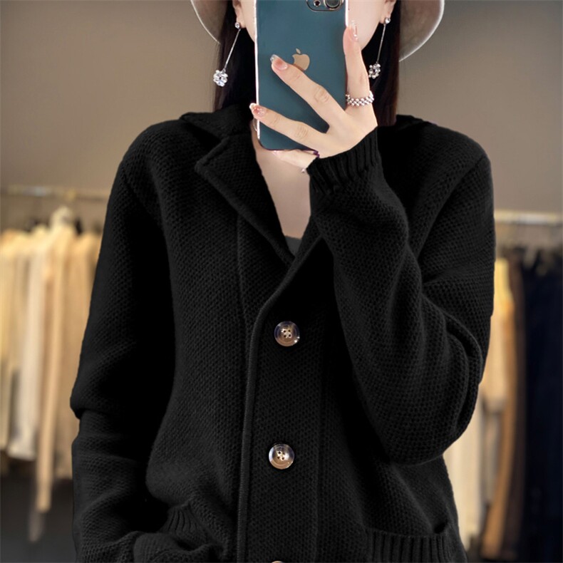 西装领毛衣外套女羊毛针织开衫大衣加厚宽松慵懒风外搭秋冬新款,女装羊毛衫,隆格羊绒