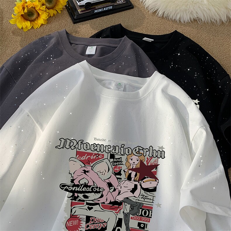 量大优供抖音视频支持得物配合二开美式满天星亮片短袖T恤MTX559,男装T恤,电商A486