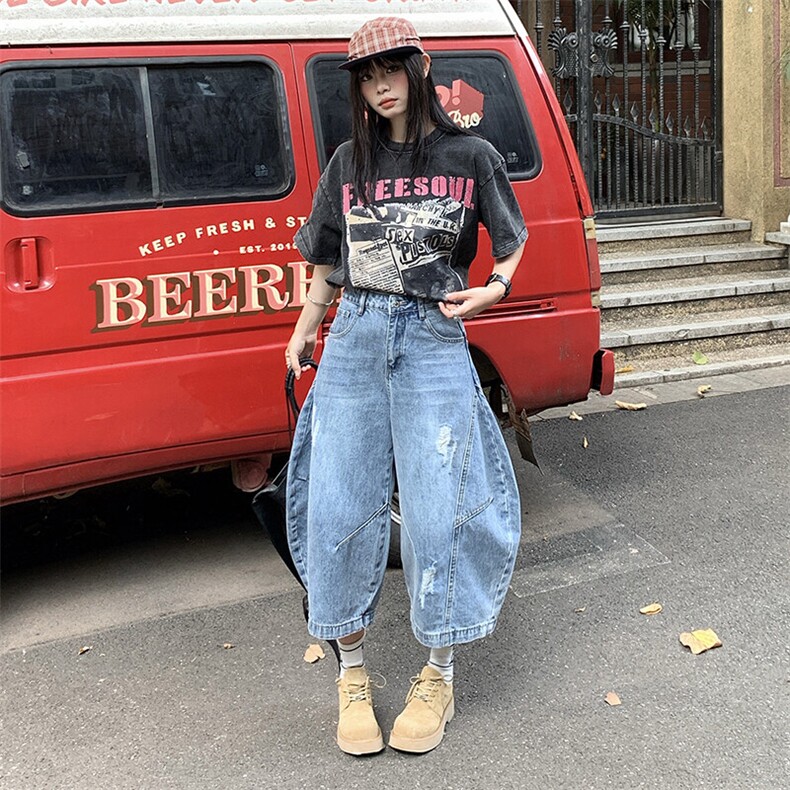 美式夏季刮烂破洞弯刀水洗牛仔裤男女宽松七分裤子潮流YD701-P65图片