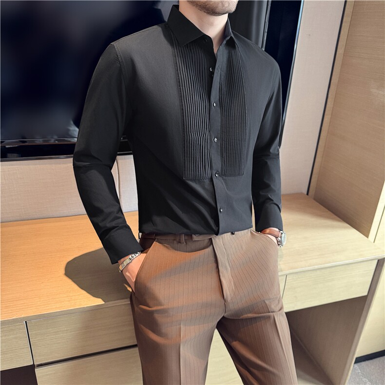 莫代尔棉高品质长袖衬衫风琴褶皱礼服衬衫男黑色C9917-P77,男装衬衫,电商A213