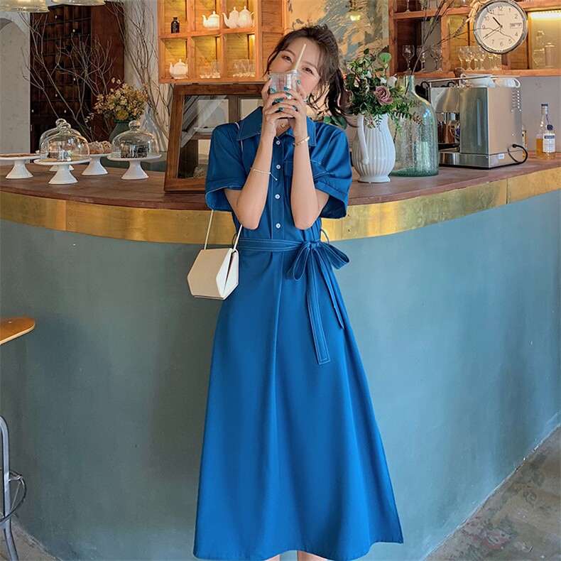 大货衬衣裙孔雀蓝连衣裙女087-Q87,女装连衣裙,柒柒家