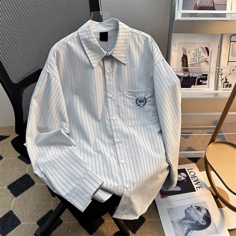 日系条纹长袖衬衫男春秋徽章刺绣内搭宽松衬衣外套CS0121-P33,男装衬衫,星座308B-1