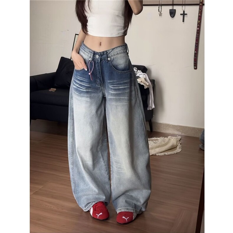 美式复古弯刀牛仔裤女秋季2025新款低腰宽松直筒阔腿梧桐镰刀裤子图片