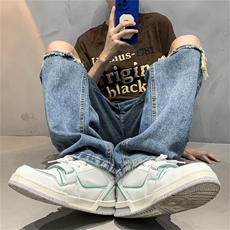 美式街头破洞牛仔裤hiphop港风复古裤子男潮宽松穿搭阔腿裤，男装牛仔裤，星座601-2
