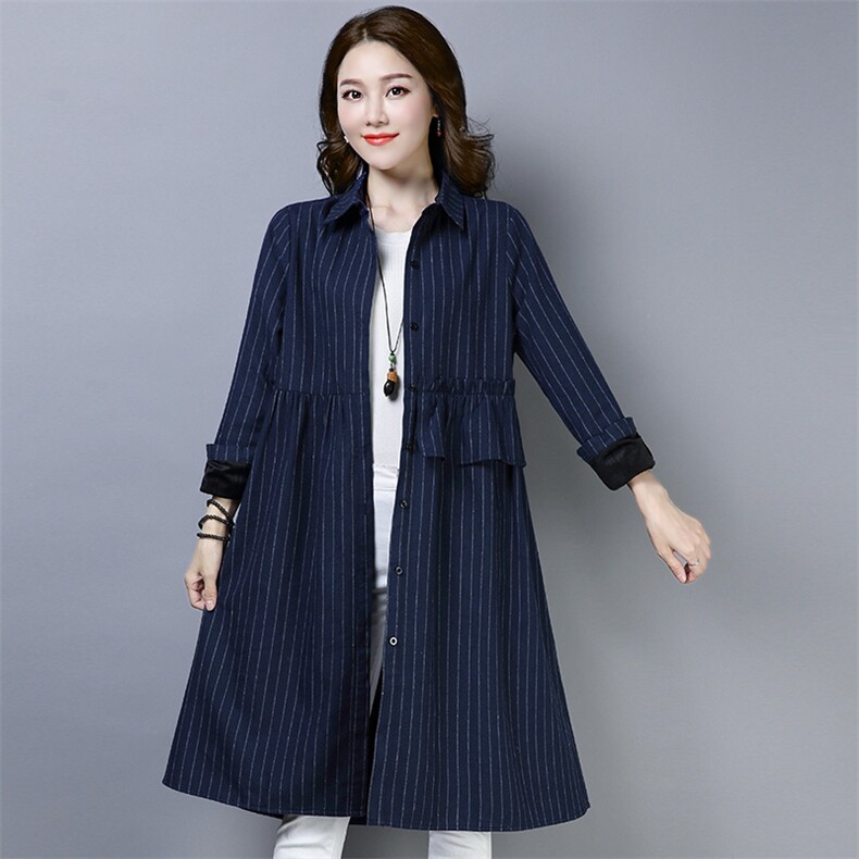 中长款2025冬季新款条子加厚衬衫常规直筒A版加绒长款衬衫裙外套，女装衬衫，风姿绰