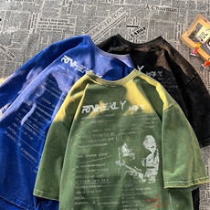 潮牌宽松短袖t恤蜡染美式复古高街水洗做旧517A-2-SX268-P38，男装T恤，星座517A-2
