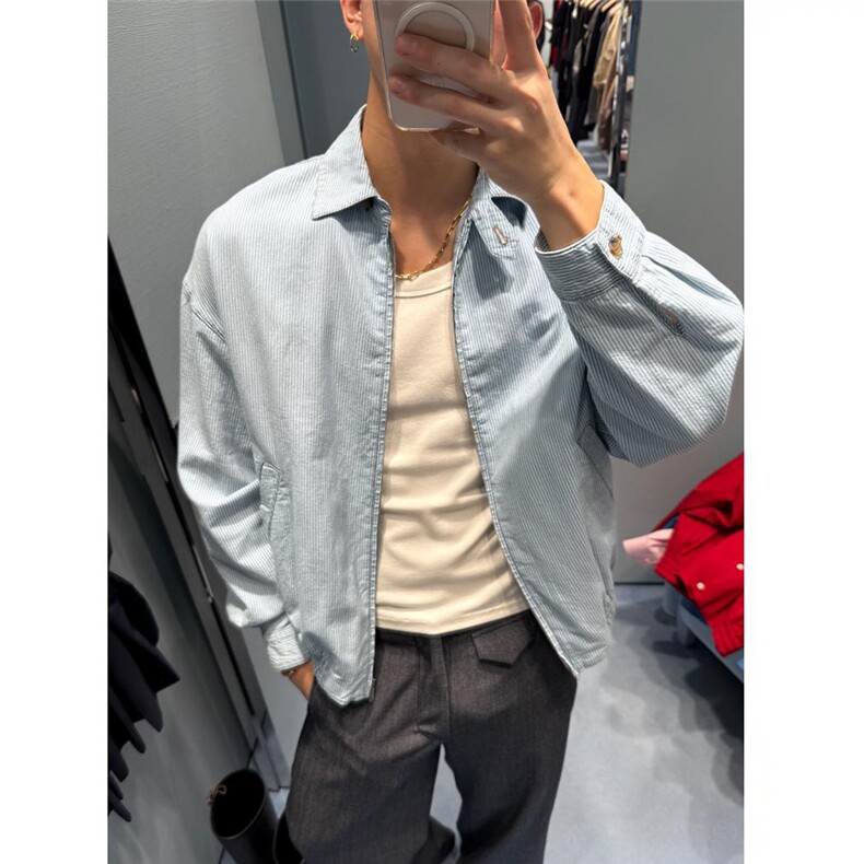 C188-尺码S-2XL-特P43--欧若风松弛极简轻薄蓝白条纹衬衫外套图片