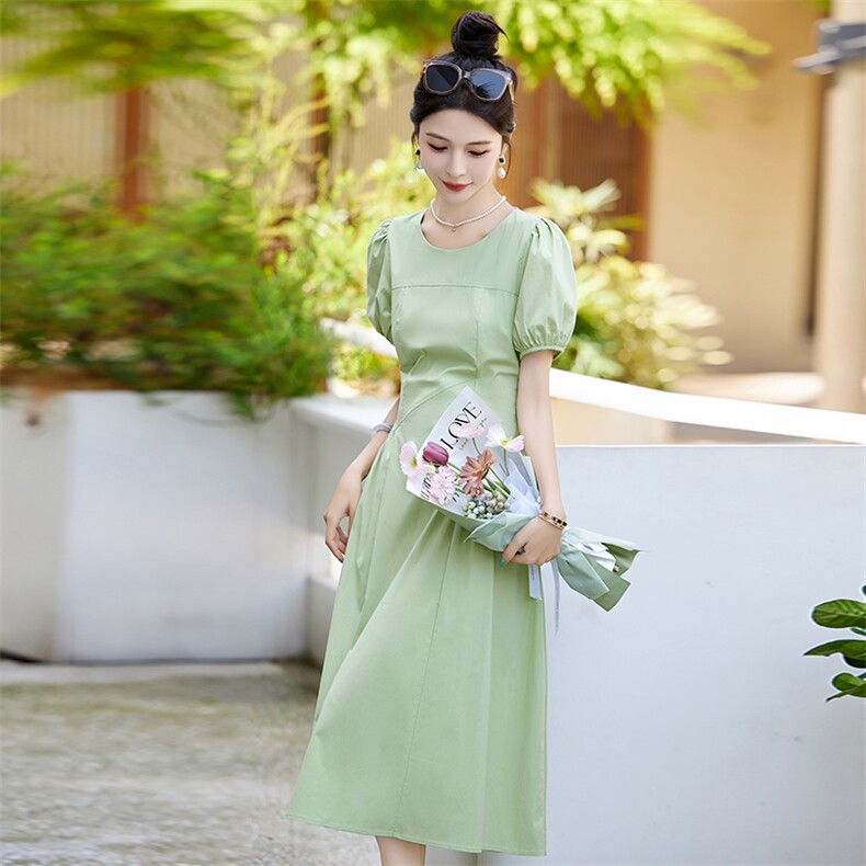 清新绿色纯棉连衣裙女2024夏季新款泡泡袖褶皱收腰显瘦气质长裙子,女装连衣裙,蓝诺裳