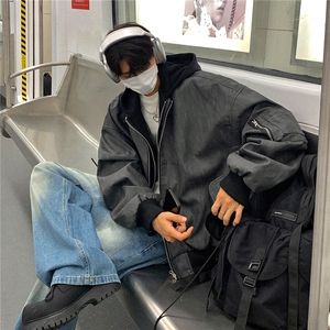24秋装 美式复古假两件皮衣棒球服连帽中性夹克外套男 H994 P98图片