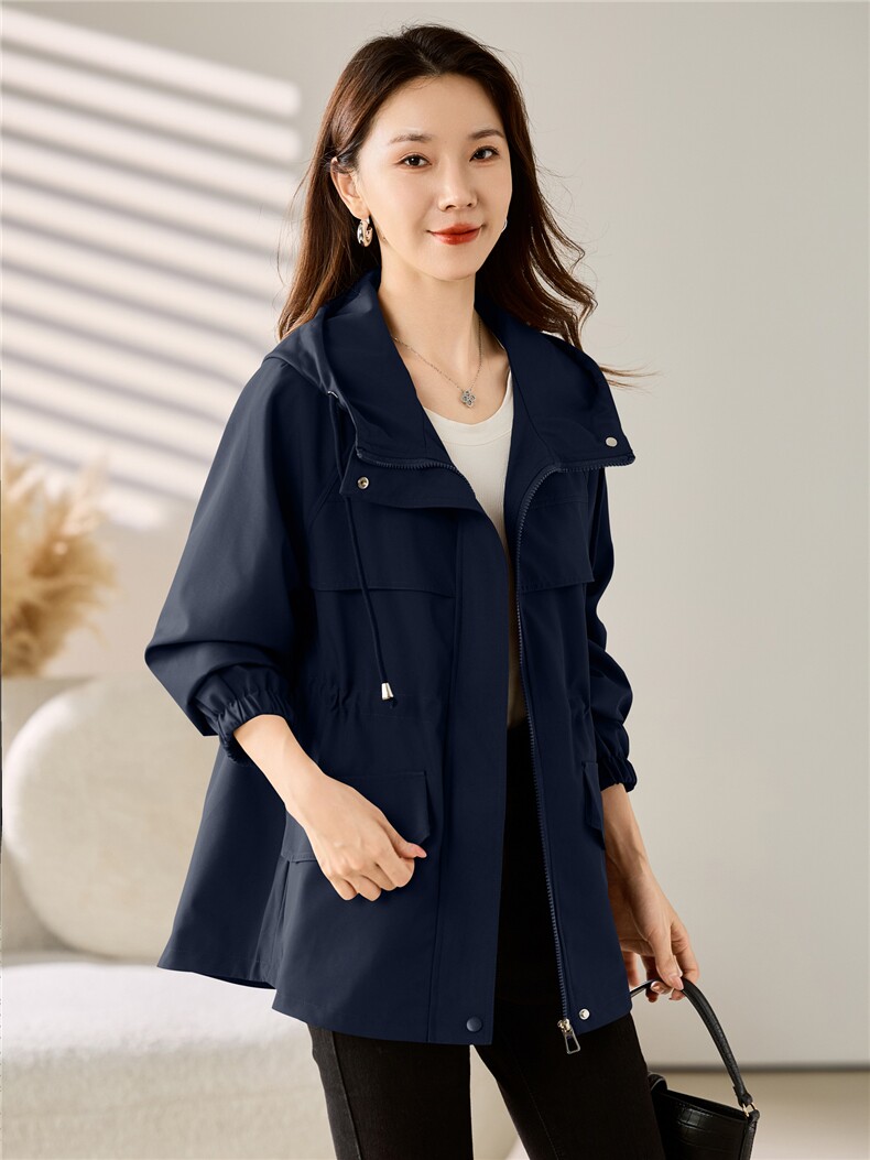 现货大货已出！！2025秋季女装新款时尚抽绳中长款显瘦连帽外套,女装风衣,以桐