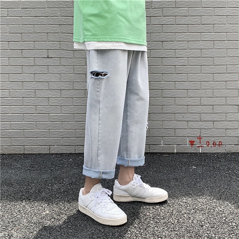 夏季薄款九分牛仔裤男生直筒宽松破洞韩版潮流休闲裤子CN305,男装牛仔裤,星座1008