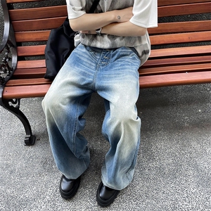 美式高街复古小众设计牛仔裤男痞帅百搭直筒宽松长裤子N80611-p52图片