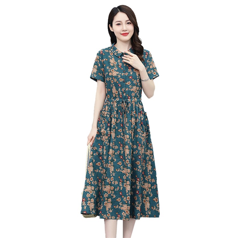 印花棉麻连衣裙女中长款2025夏季新款气质收腰显瘦减龄碎花衬衫裙,女装连衣裙,倪叶myz