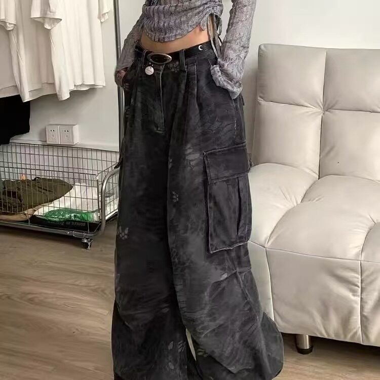 美式复古迷彩蛇纹工装牛仔裤高街辣妹宽松直筒阔腿拖地裤NA1986,男装牛仔裤,星座1116A（原606A-3）