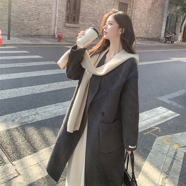 现货新款双面羊毛呢针织帽可脱卸气质款女士精品羊毛大衣,女装双面呢大衣,丝露依尚（原SL）