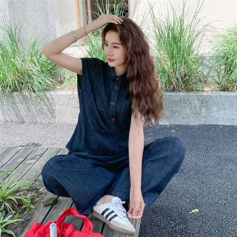 蓝色牛仔开衫阔腿裤两件套女2025年夏季新款时尚独特绝美高腰套装,女装套装/套裙,2C090