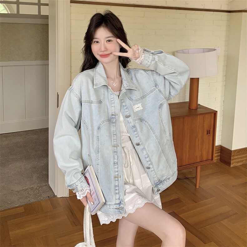 别致高级感2025超火减龄牛仔外套女慵懒风蕾丝拼接小个子气质夹克,女装短外套,2D078