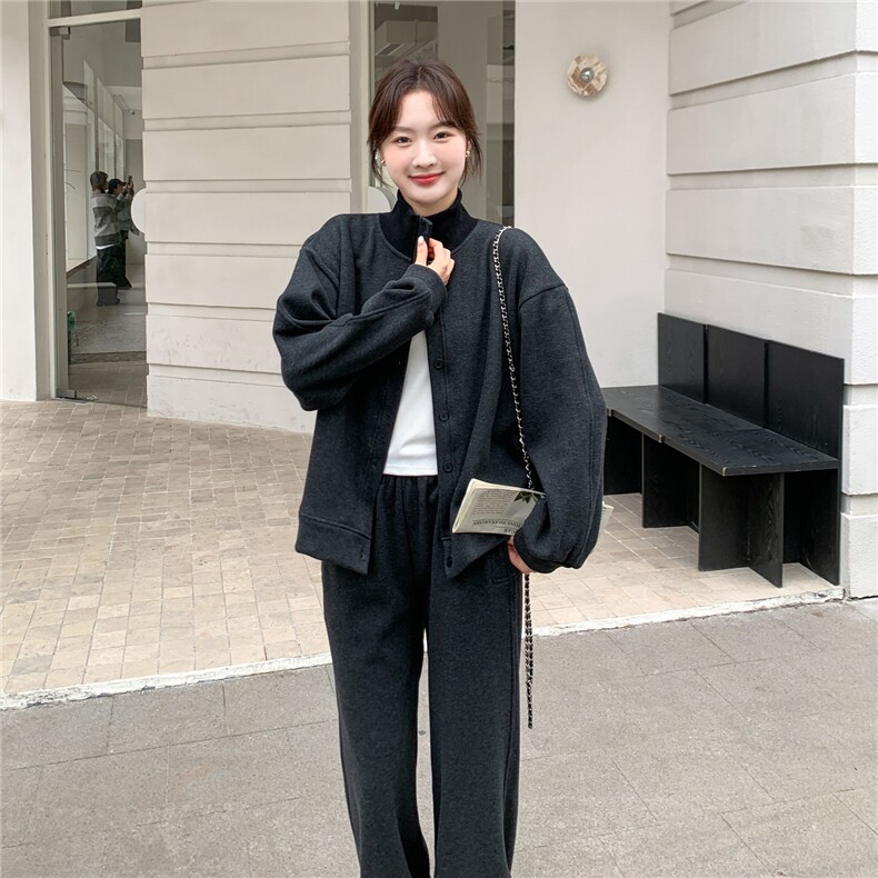 灰色松弛感加绒加厚立领卫衣两件套女2025冬季新款学院风显瘦卫裤,女装套装/套裙,艾米莉亚