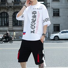新款夏季短袖t恤男装潮流帅气宽松半袖套装青少年体恤上衣F178P70，男装休闲套装，电商A086
