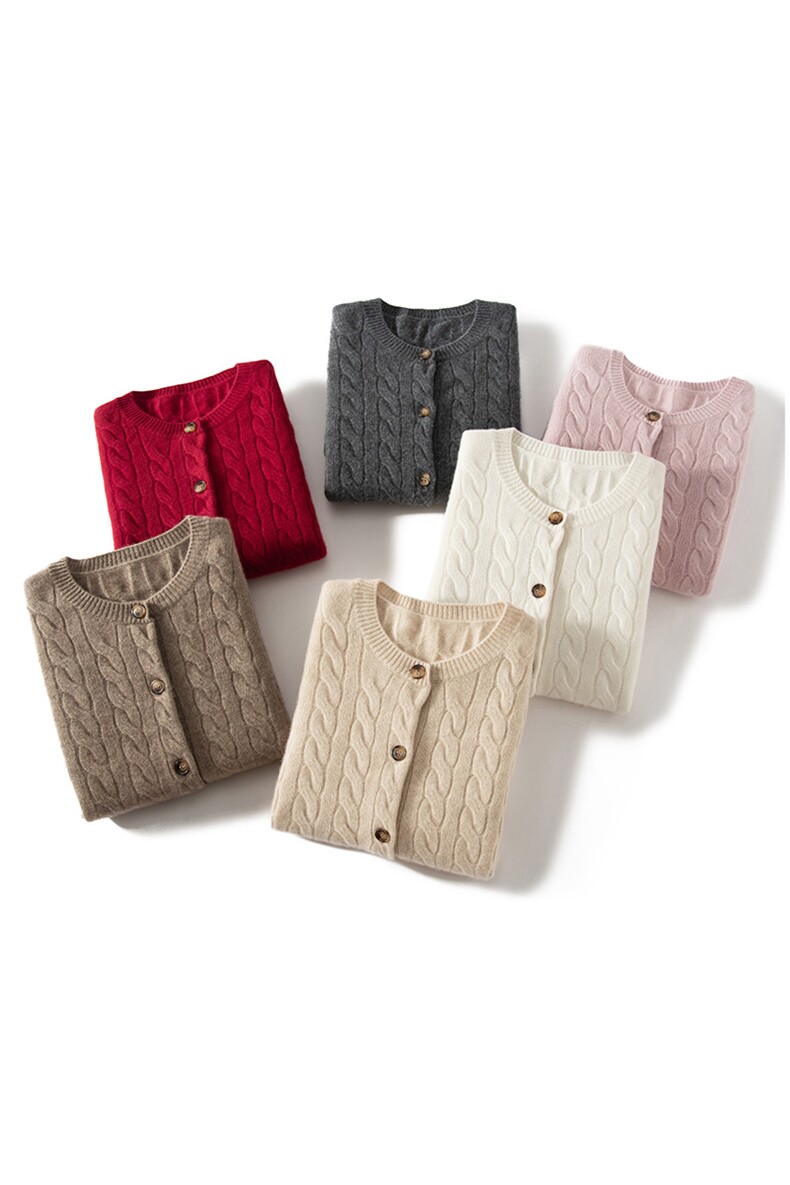 秋冬季新款舒适时尚百搭女士6扣7针双股绞花开衫,女装羊绒衫,泰盈纯羊绒