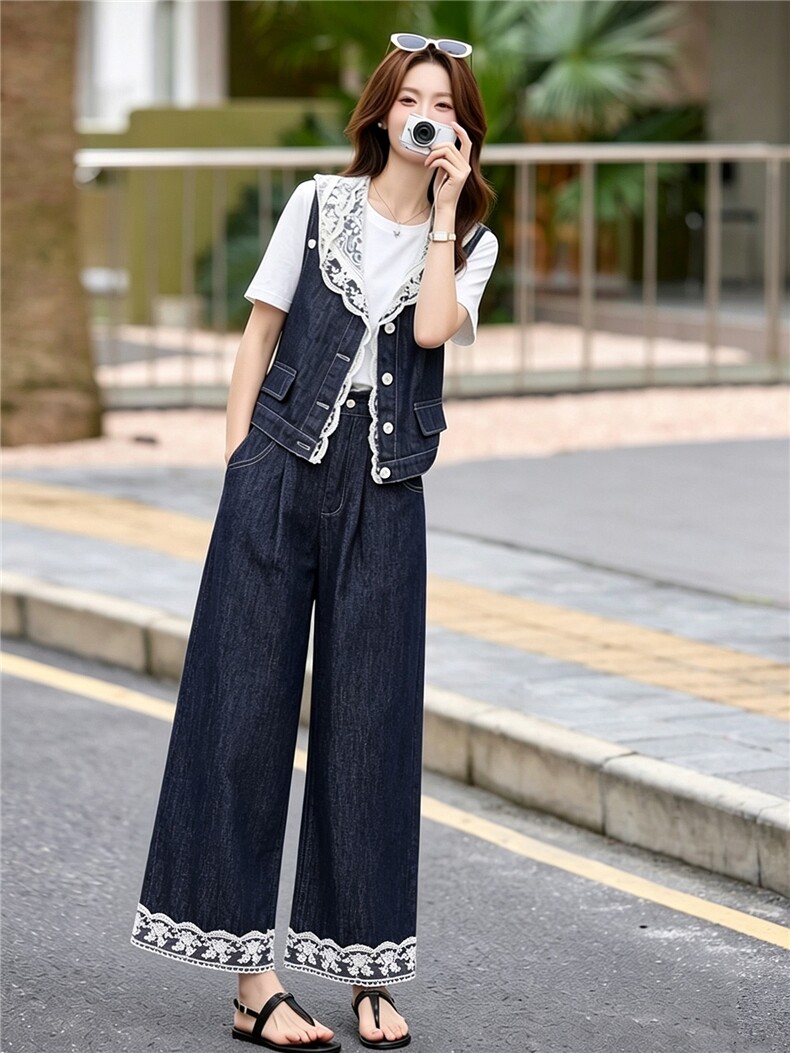 现货牛仔套装女2026夏季新款高级感韩里韩气蕾丝马甲阔腿裤穿搭,女装套装/套裙,艾仟回(原伊仟回)