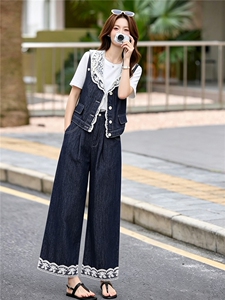现货牛仔套装女2026夏季新款高级感韩里韩气蕾丝马甲阔腿裤穿搭图片