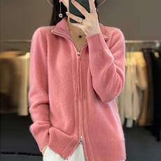 休闲简约淑女百搭长袖气质修身v领拉链羊毛衫女外穿，女装羊毛衫，暖娇绒