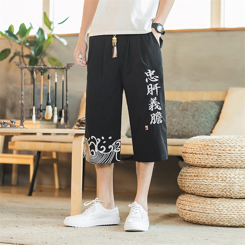 风男装刺绣七分裤夏季棉麻直筒休闲运动裤复古A266-1-K10-P50,男装休闲裤,电商A266-1
