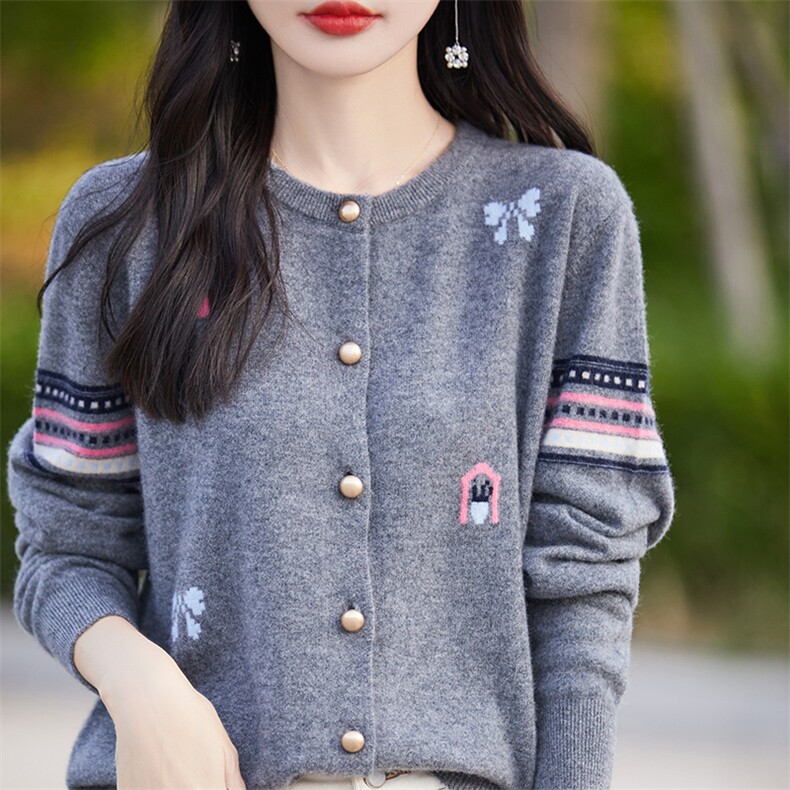 24秋冬100%纯羊毛开衫女圆领撞色提花长袖毛衣宽松甜美羊绒衫外套,女装羊绒衫,科源羊绒