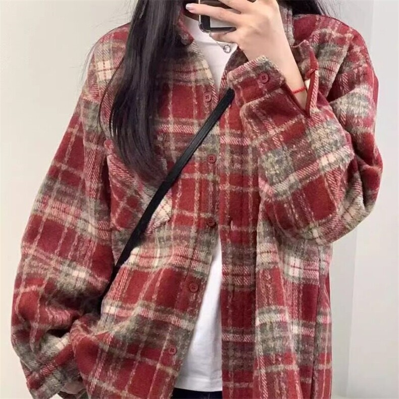 格子衬衫外套女慵懒风复古秋冬磨毛新款宽松长袖休闲衬衣CN502,男装衬衫,星座1116A（原606A-3）
