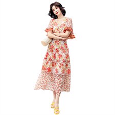 碎花连衣裙中长款女2024年夏季新款收腰显瘦蚕丝皱气质淑女印花裙，女装连衣裙，妙形