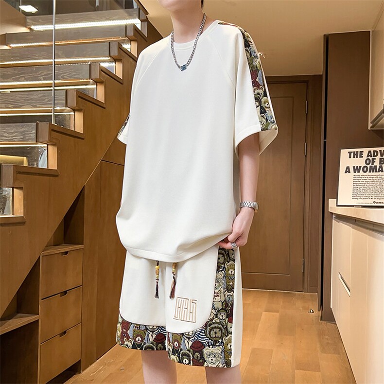 夏季五分短裤T恤两件套潮套装男拼接休闲运动套装A266-TZ9908-P50，男装休闲套装，电商A266